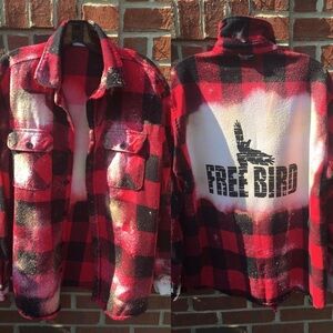 Flannel Shirt Shacket Free Bird Graphic Red Buffalo Plaid Mens Large